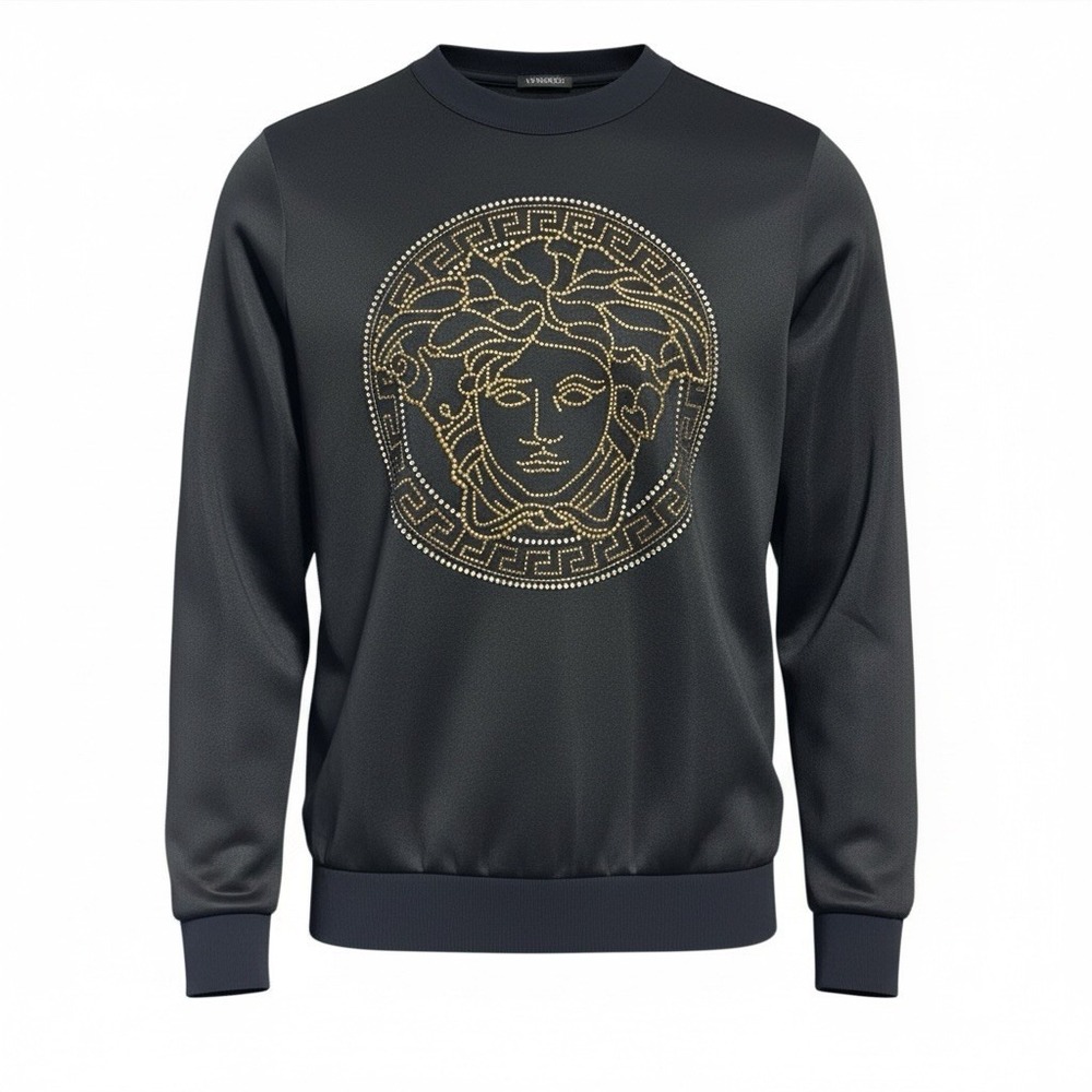 Versace Medusa Crystal Sweatshirt Black Gold Greca Logo EU 40 US‎ M New